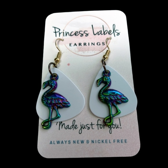 Hand Crafted Drop Earrings Repurposed Guitar Picks Iridescent Neon Flamingo NIP - Picture 7 of 9